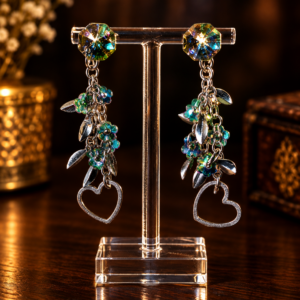 Multicolour crystal floral dangle earrings featuring sparkling green flower charms, silver-tone leaf accents and elegant heart element.