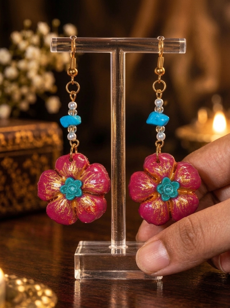 Teapink Azure Stone Floral Dangle Earrings - Image 3