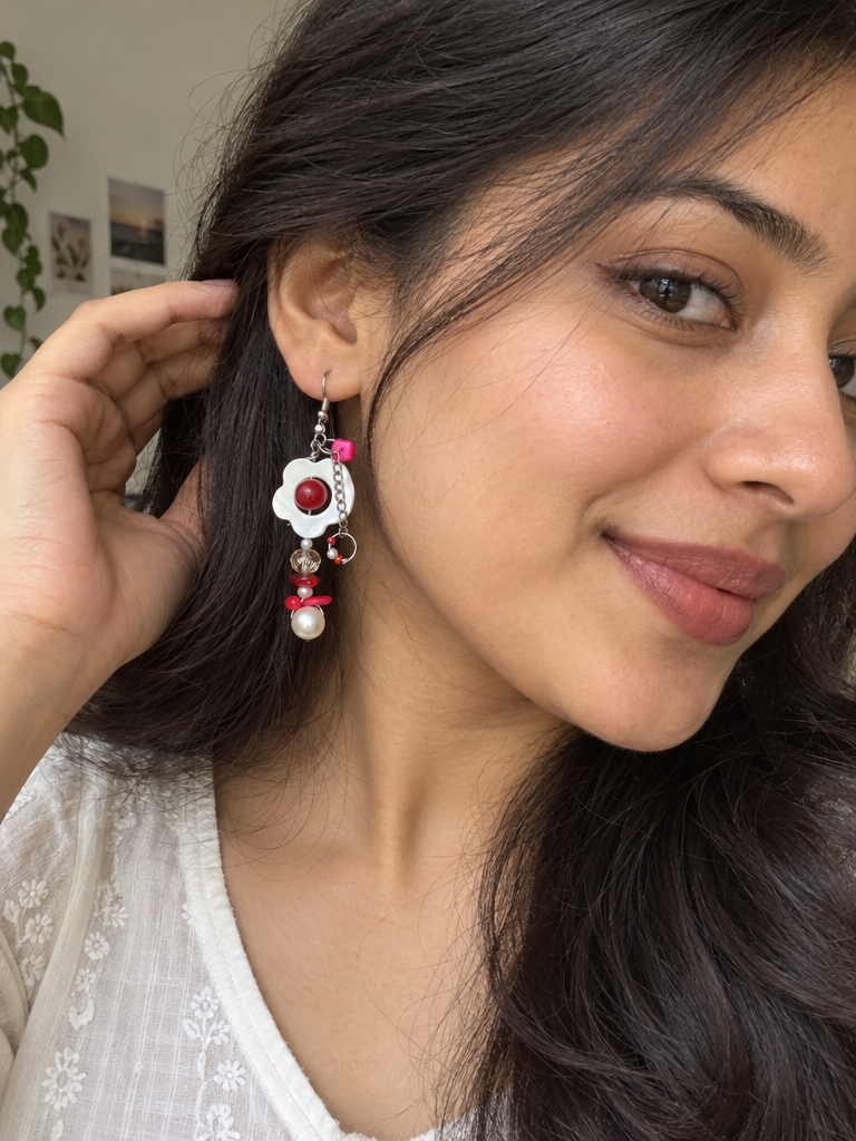 Pearl Fuchsia Floral Shell Dangle Earrings - Image 4
