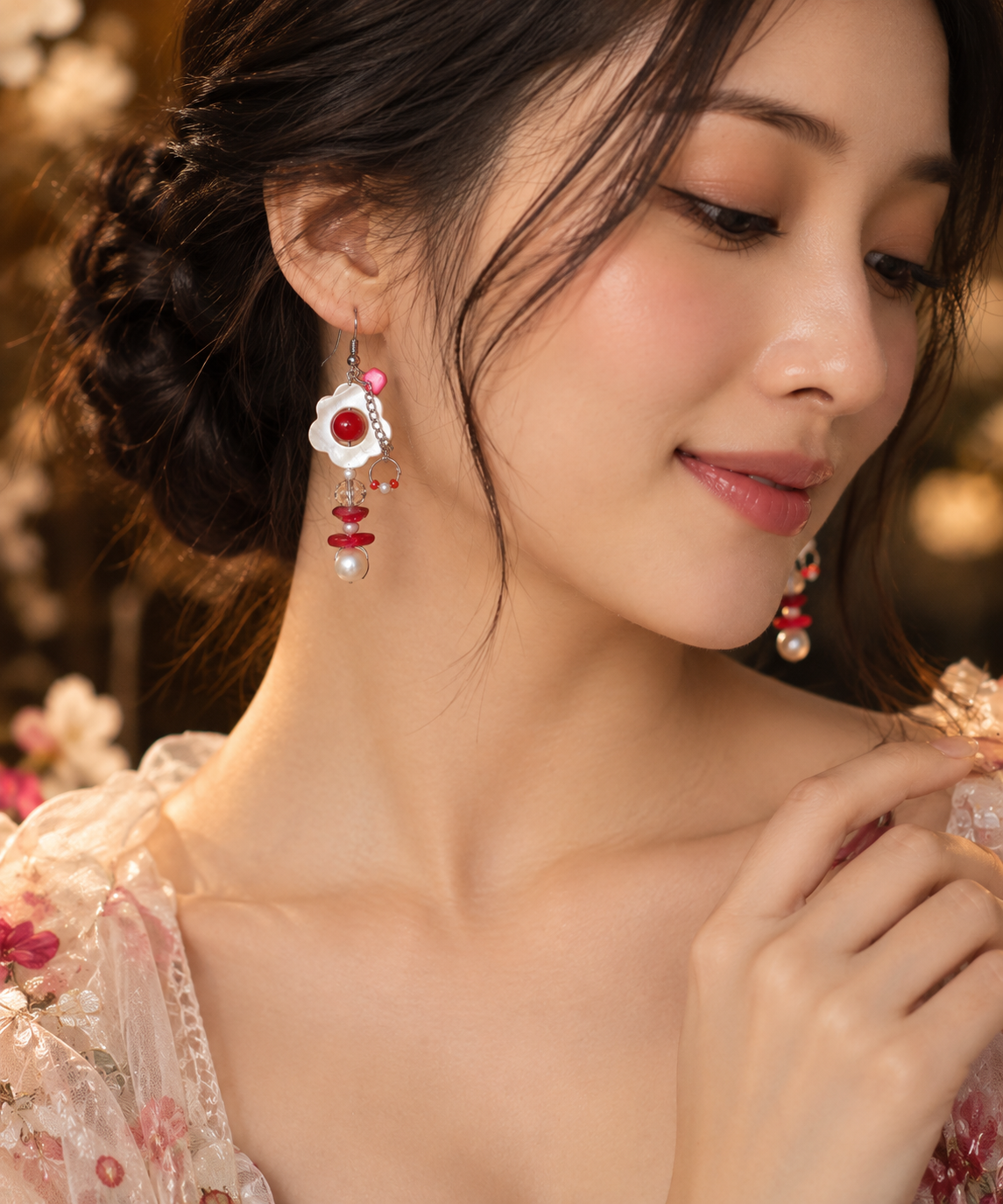 Pearl Fuchsia Floral Shell Dangle Earrings - Image 3