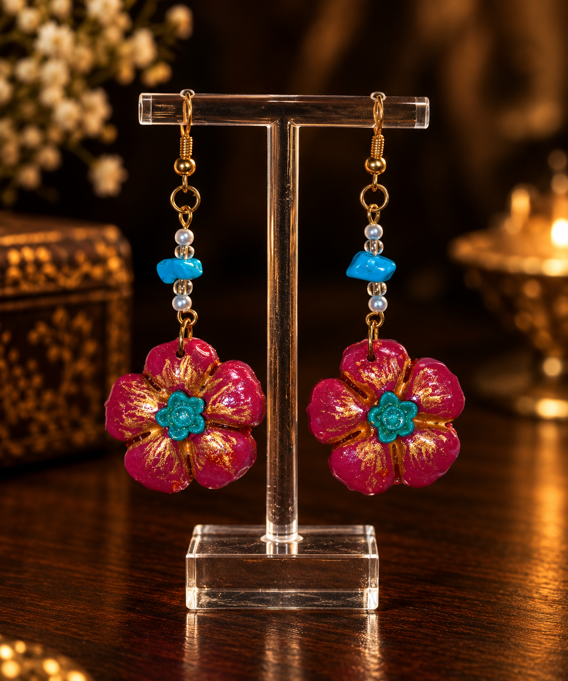 Teapink Azure Stone Floral Dangle Earrings