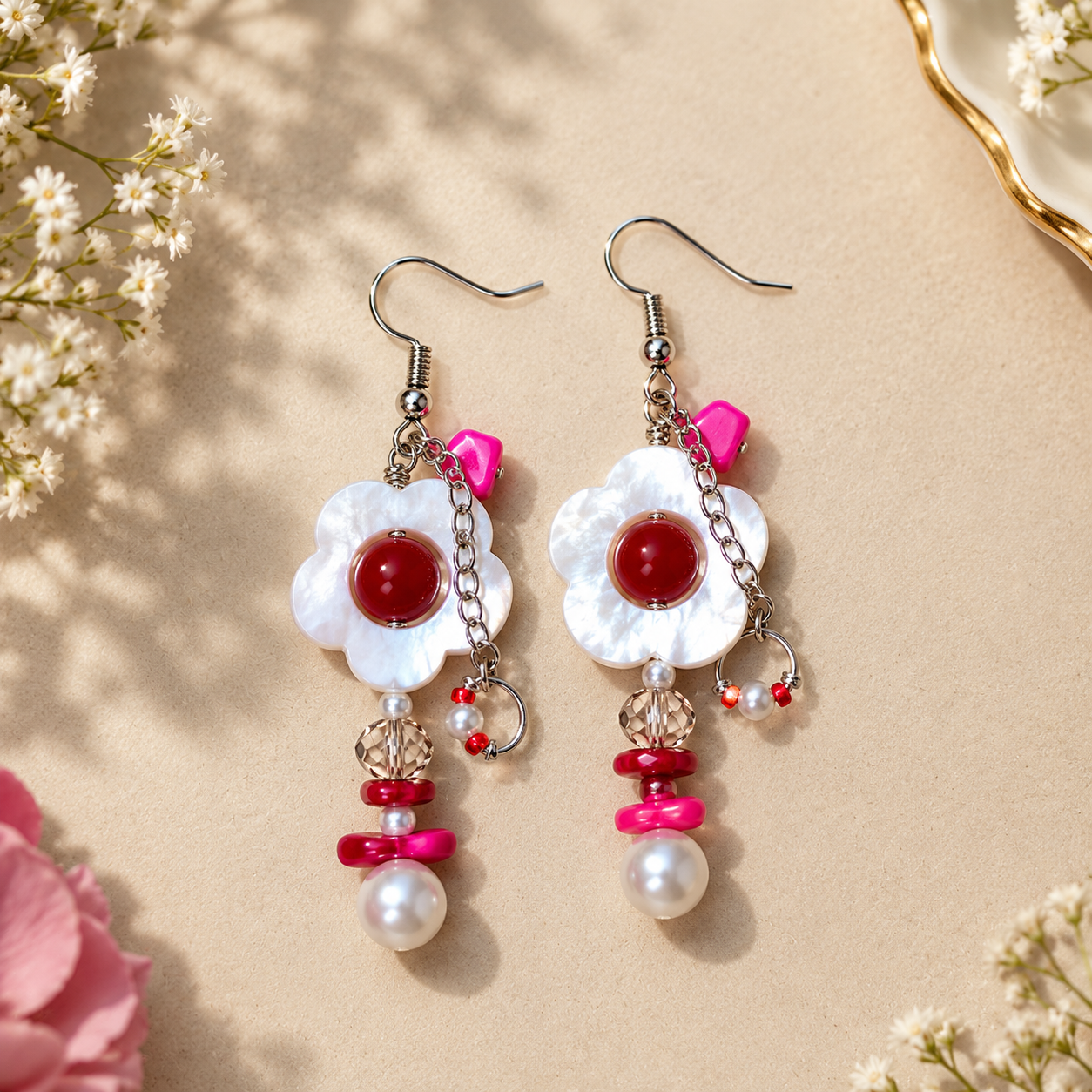 Pearl Fuchsia Floral Shell Dangle Earrings - Image 2