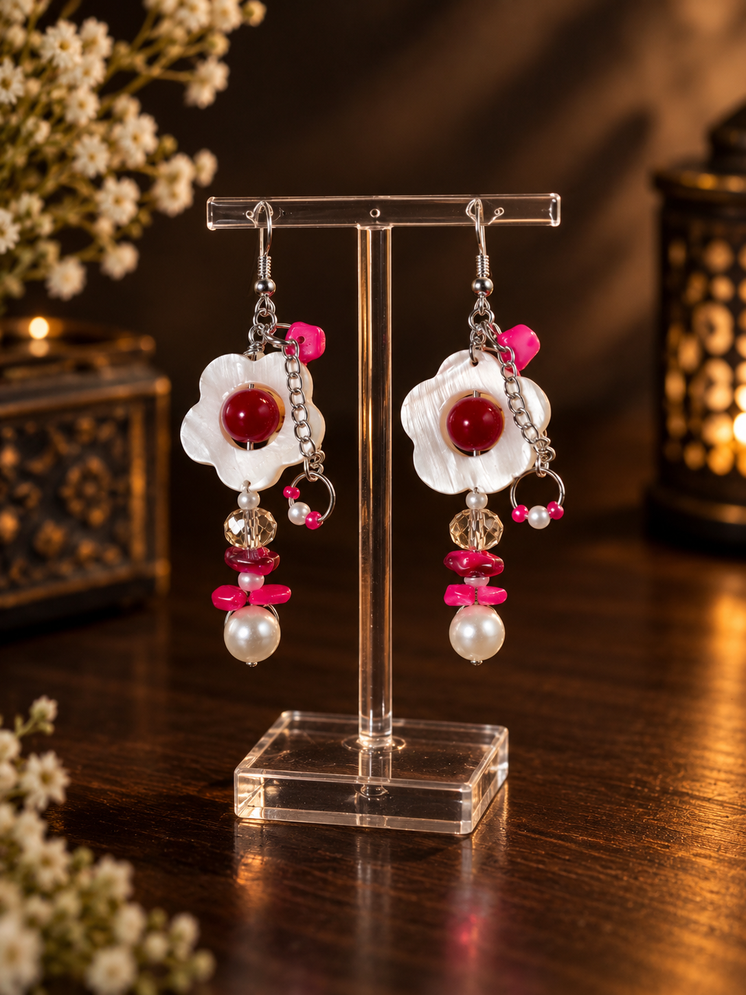 Pearl Fuchsia Floral Shell Dangle Earrings